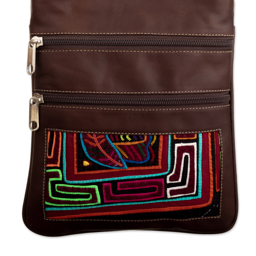 Brown Leather Sling with Mola Textile and Adjustable Strap - Brown Forest