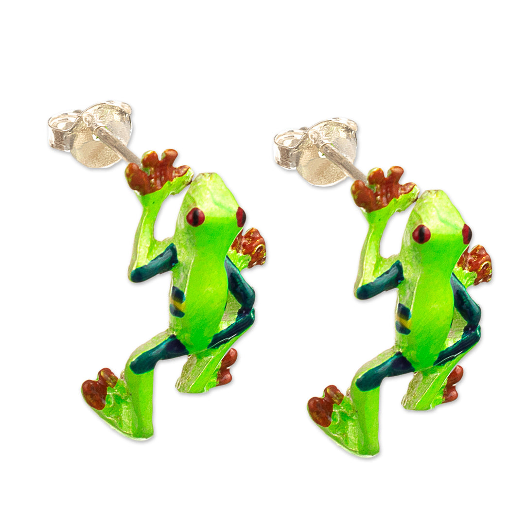 Painted Frog-Themed Sterling Silver Button Earrings - Tree Frog