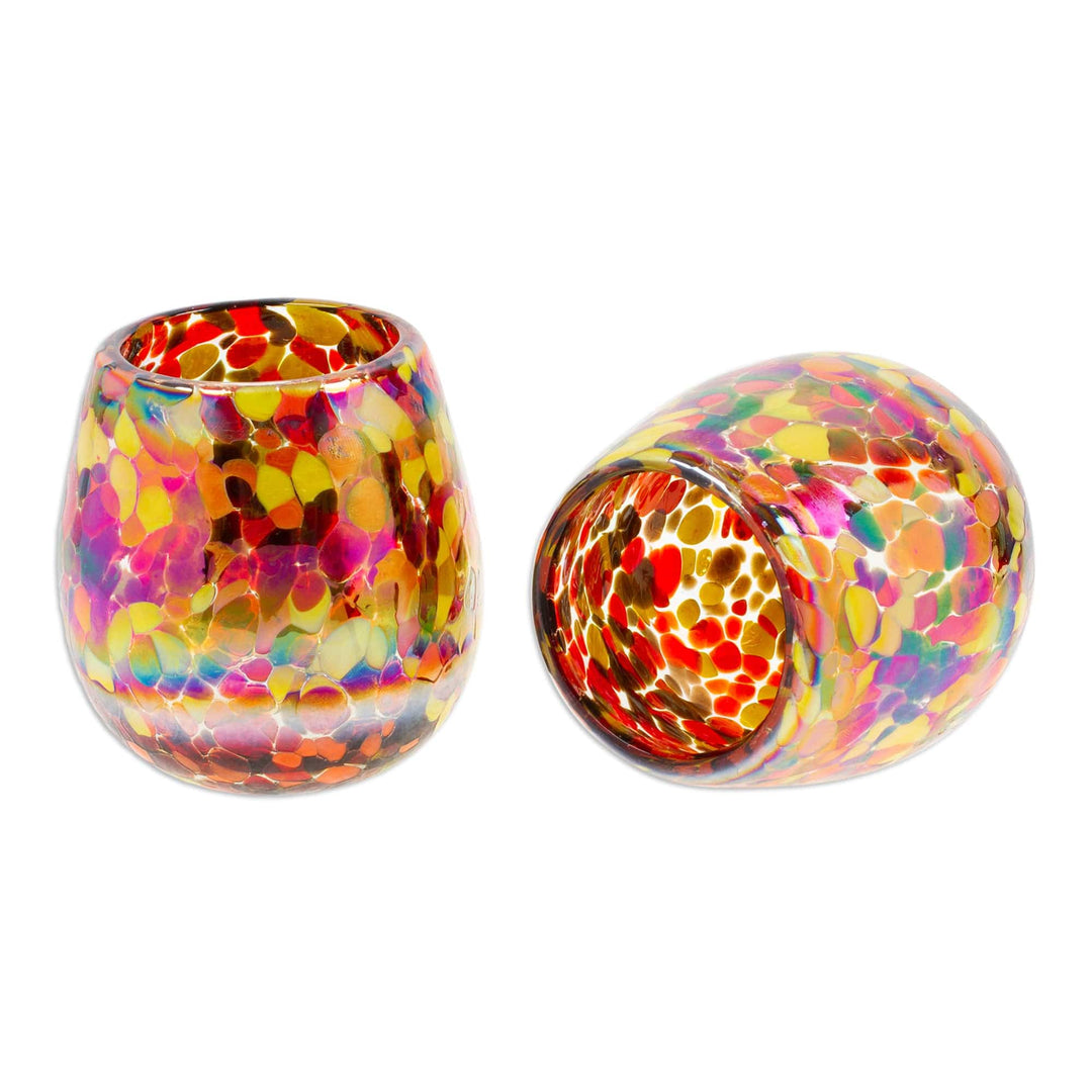 Pair of Colorful Stemless Wine Glasses Handblown in Mexico - Confetti Pop