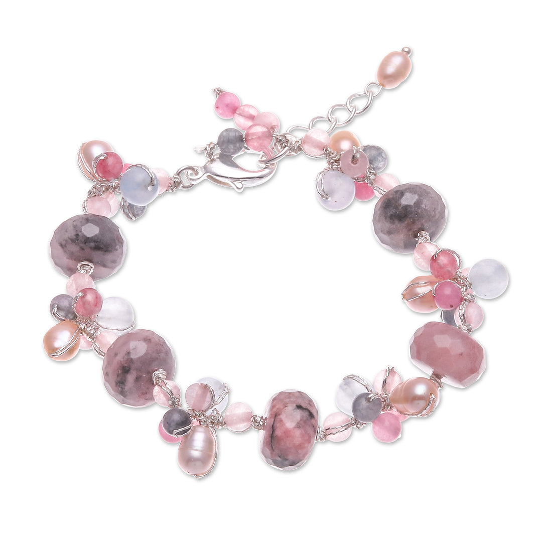 Chic Rhodonite Cultured Pearl and Quartz Beaded Bracelet - Autumn Rose