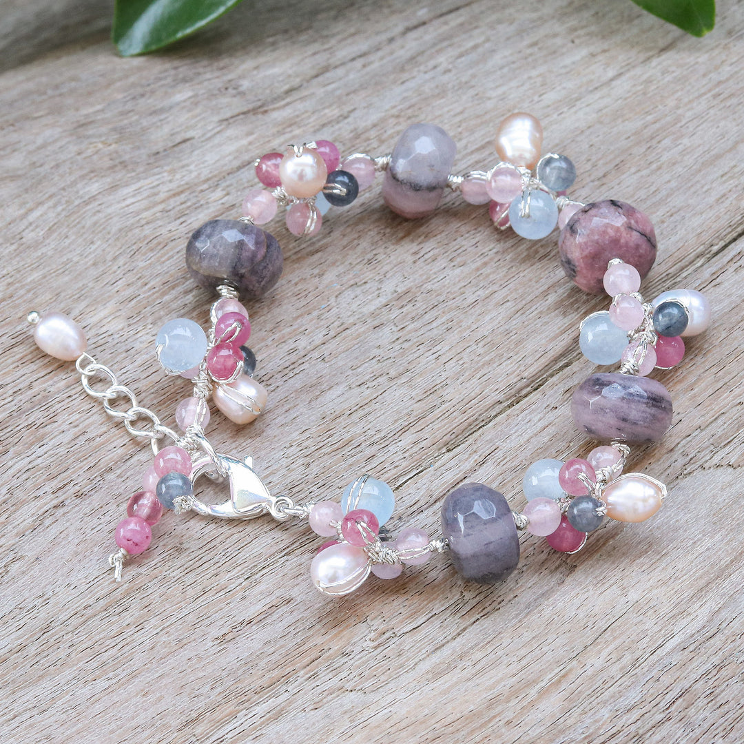 Chic Rhodonite Cultured Pearl and Quartz Beaded Bracelet - Autumn Rose