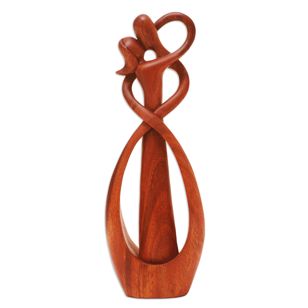 Hand-Carved Polished Suar Wood Sculpture of a Couple's Kiss - Loving Us