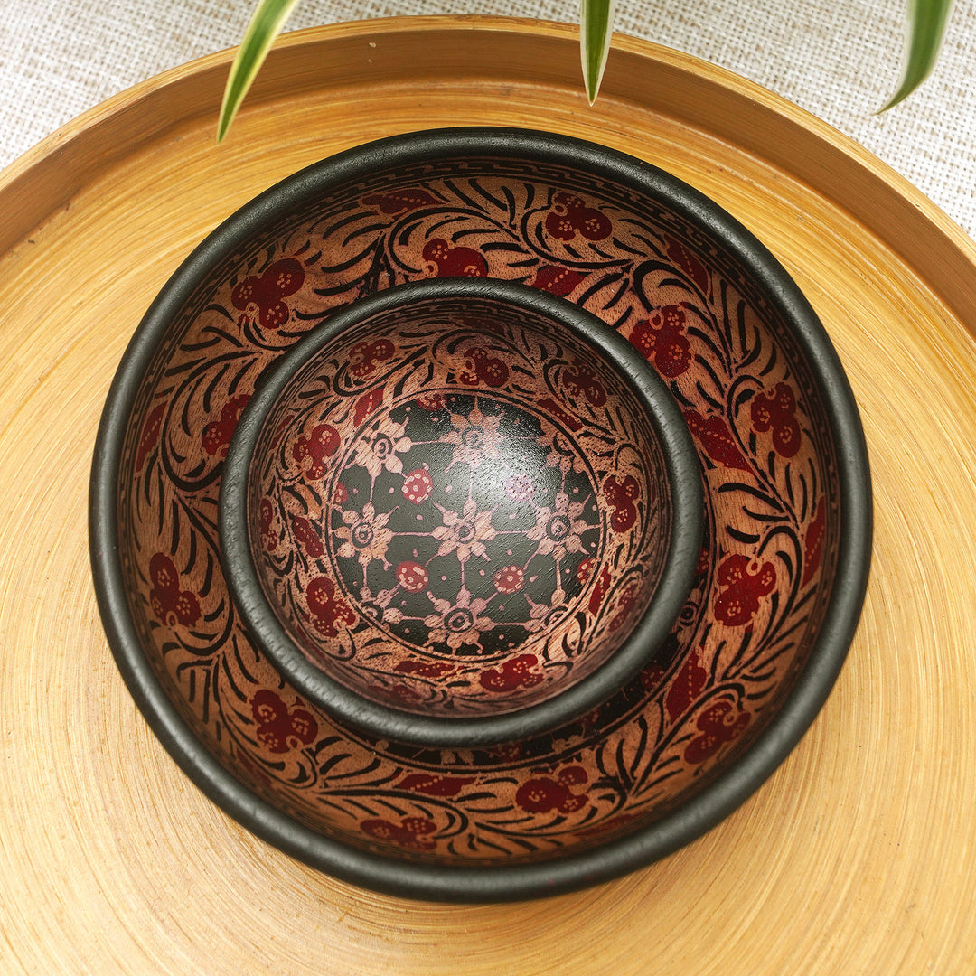 Red and Black Wadang Wood Batik Centerpieces (Set of 2) - Truntum Spring