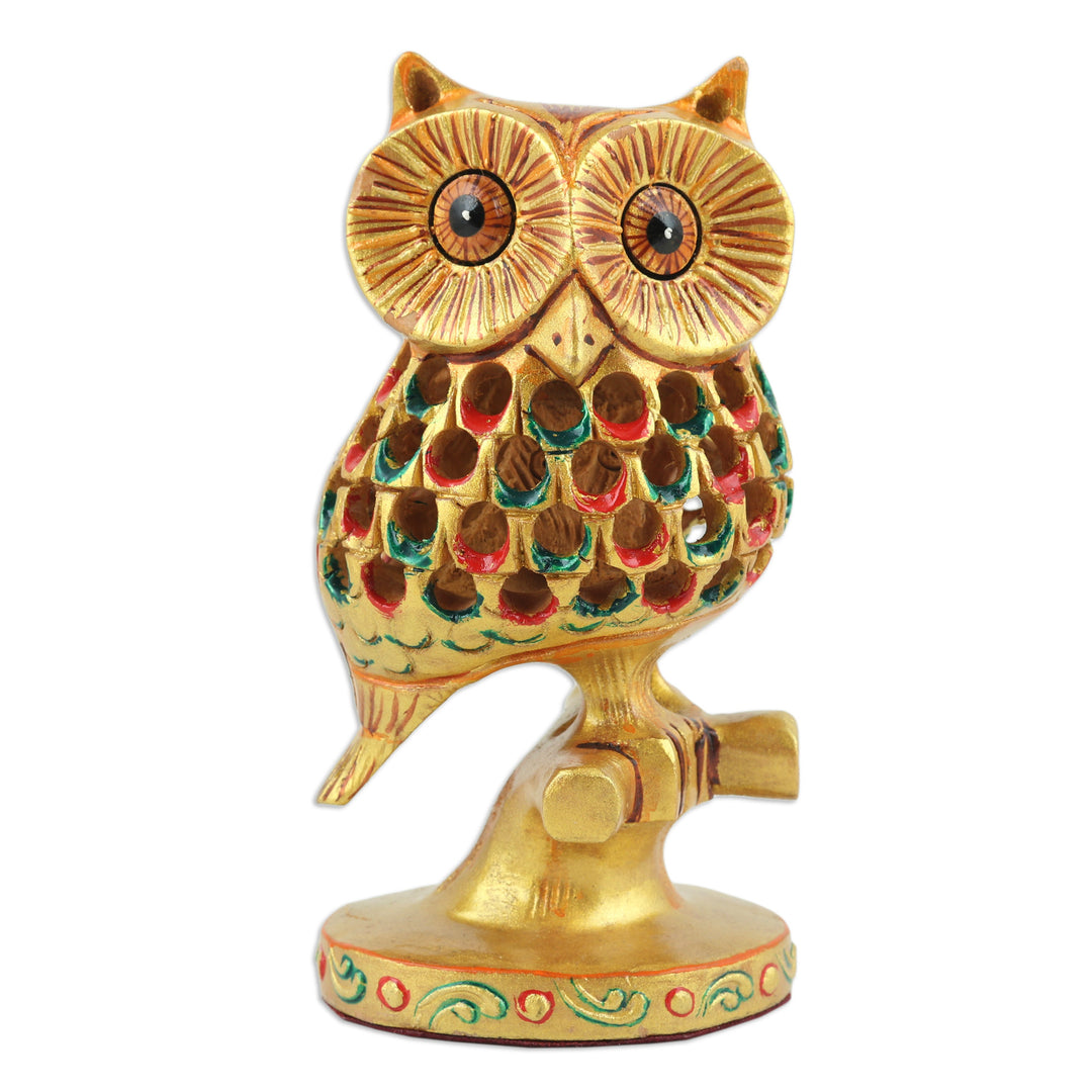 Hand-Painted Jali Kadam Wood Sculpture of a Golden Owl - Palatial Owl