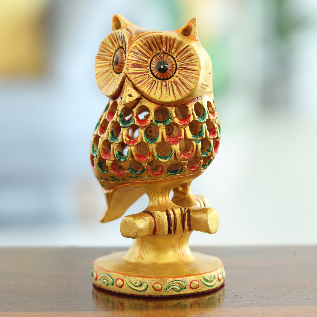 Hand-Painted Jali Kadam Wood Sculpture of a Golden Owl - Palatial Owl