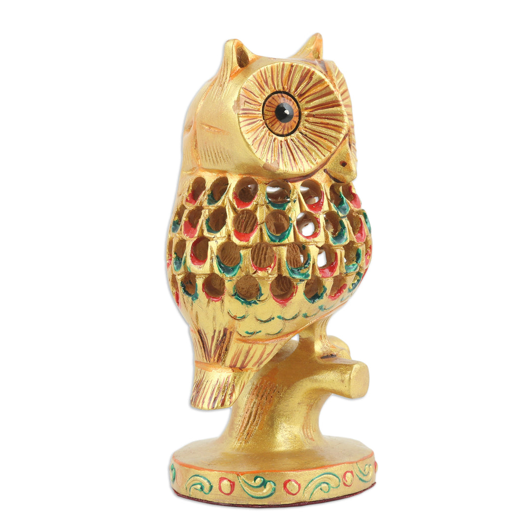Hand-Painted Jali Kadam Wood Sculpture of a Golden Owl - Palatial Owl
