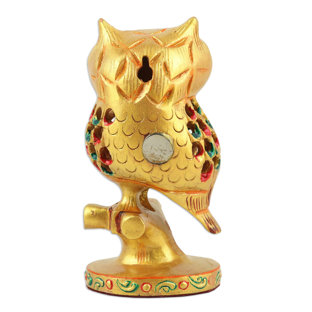 Hand-Painted Jali Kadam Wood Sculpture of a Golden Owl - Palatial Owl