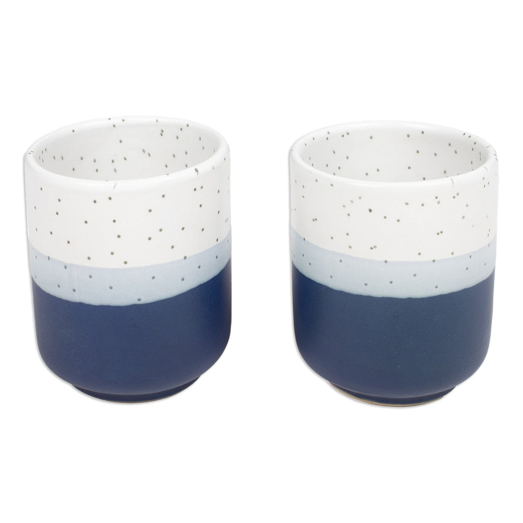 Set of 2 Speckled Ceramic Cups in Blue and White Hues - Snowy Midnight