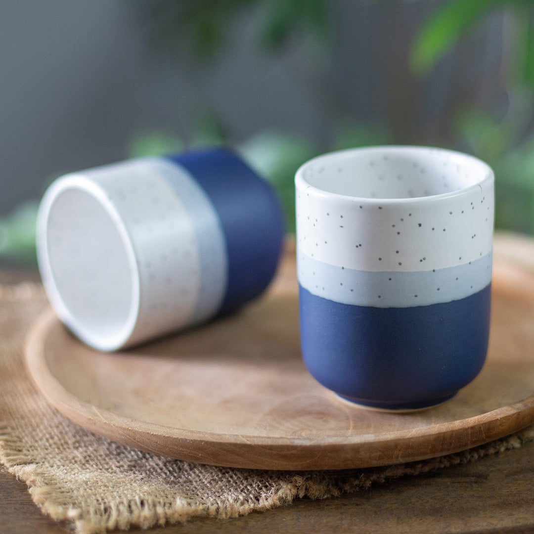 Set of 2 Speckled Ceramic Cups in Blue and White Hues - Snowy Midnight
