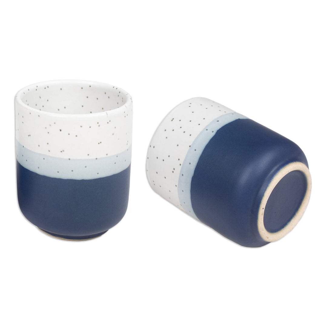 Set of 2 Speckled Ceramic Cups in Blue and White Hues - Snowy Midnight