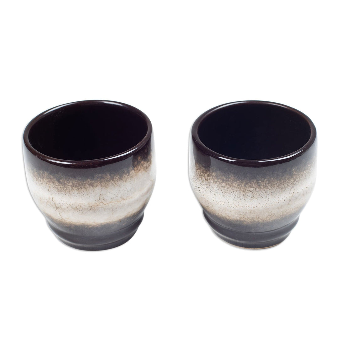 Set of 2 Handcrafted Brown and White Ceramic Cups from Bali - Serene Flavors