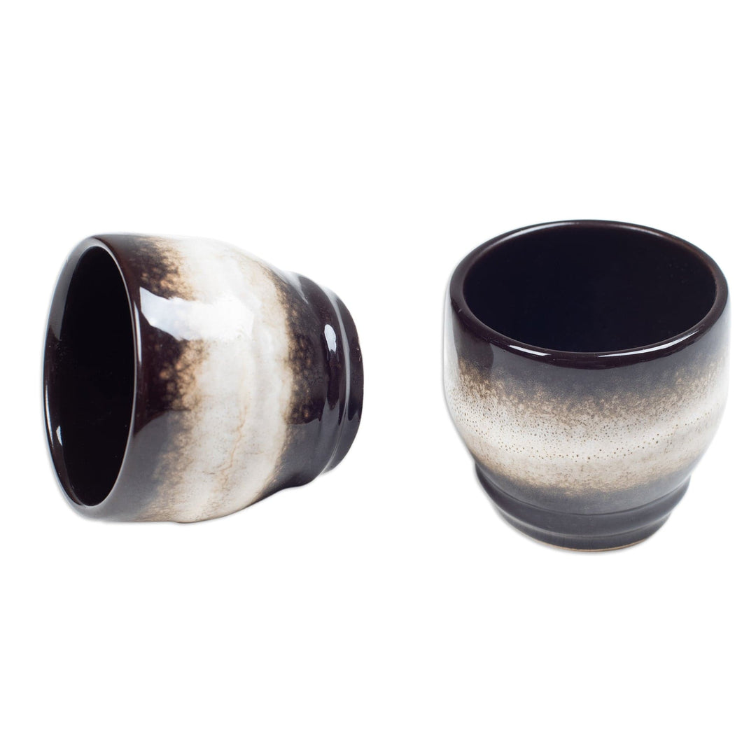 Set of 2 Handcrafted Brown and White Ceramic Cups from Bali - Serene Flavors