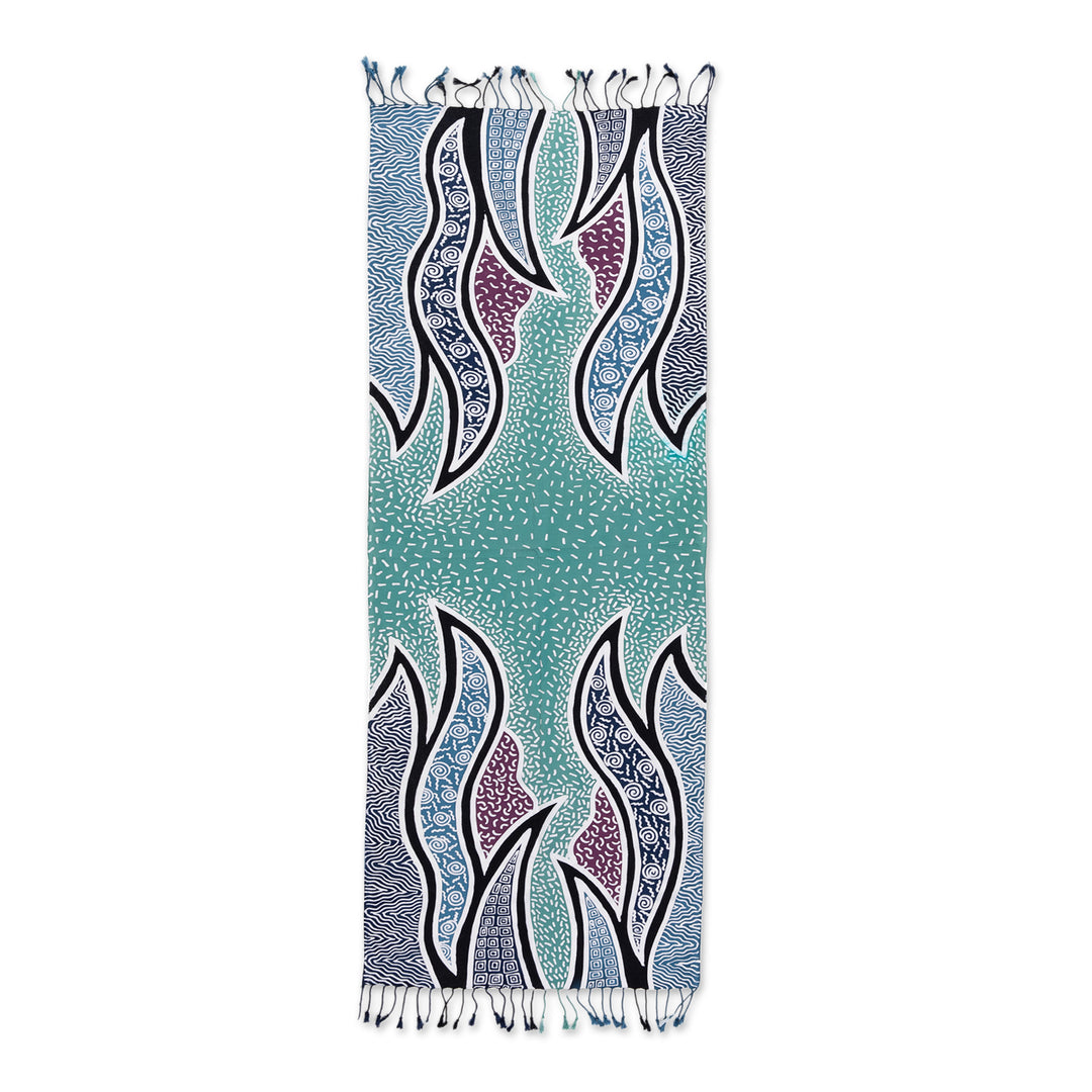 Handcrafted Green Batik Rayon Shawl with Wavy Motifs - Serene Waves