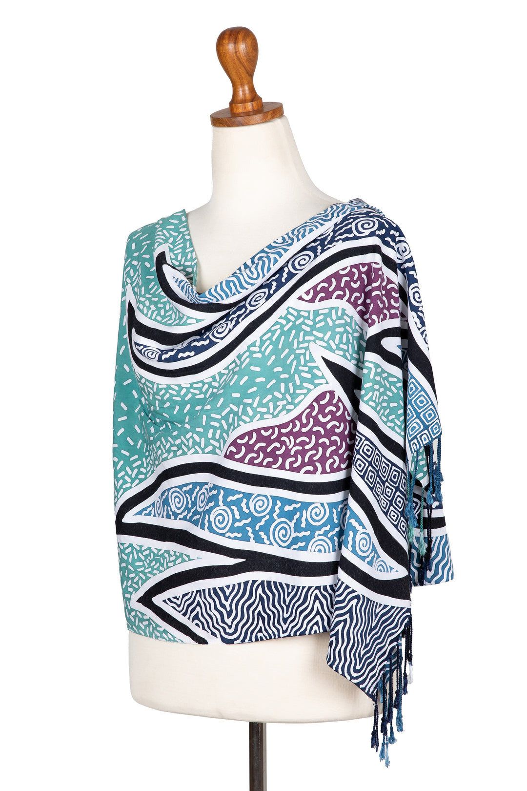 Handcrafted Green Batik Rayon Shawl with Wavy Motifs - Serene Waves