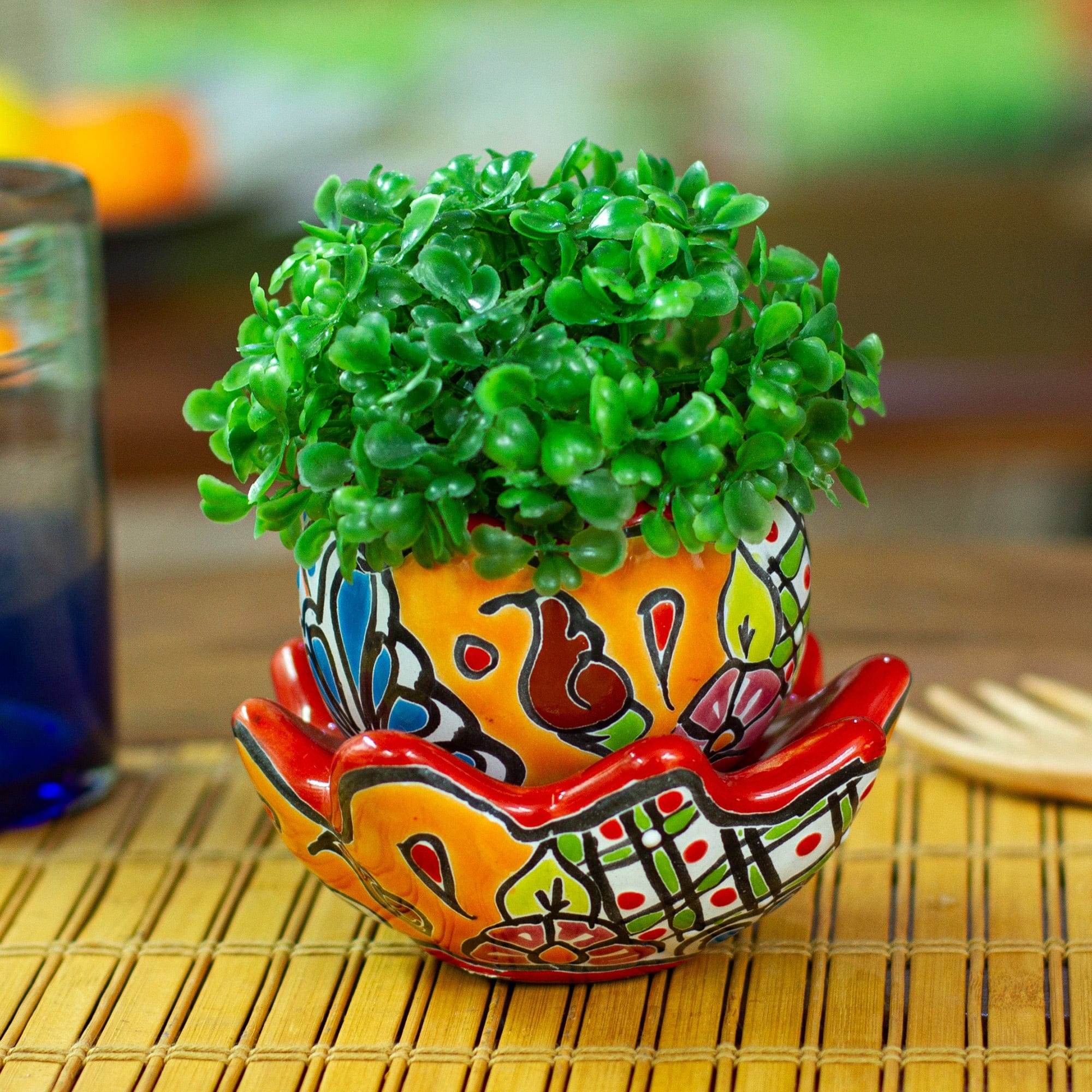 colorful ceramic pots for plants Handcrafted Floral Ceramic Pot with Saucer in Strawberry
