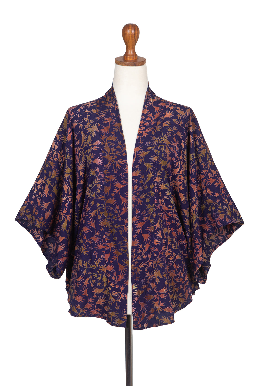 Batik Kimono Jacket in Blue Purple & Brown with Leaf Motifs - Kintamani