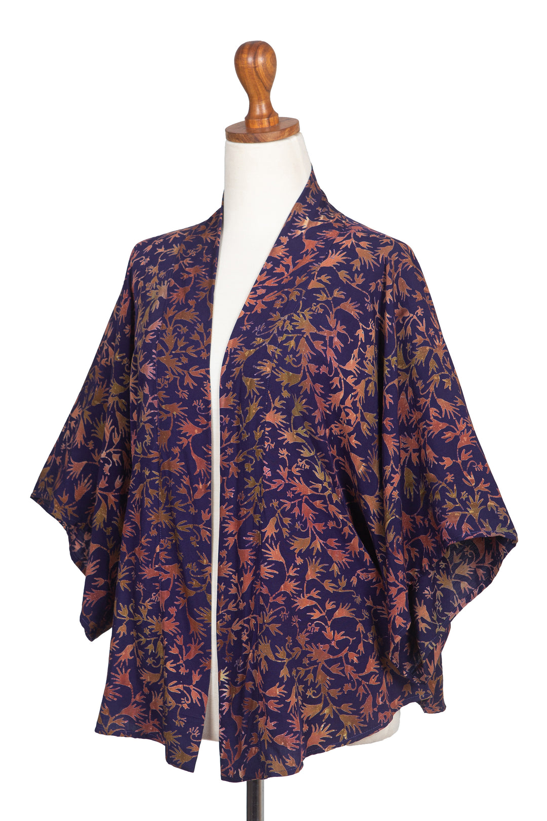 Batik Kimono Jacket in Blue Purple & Brown with Leaf Motifs - Kintamani