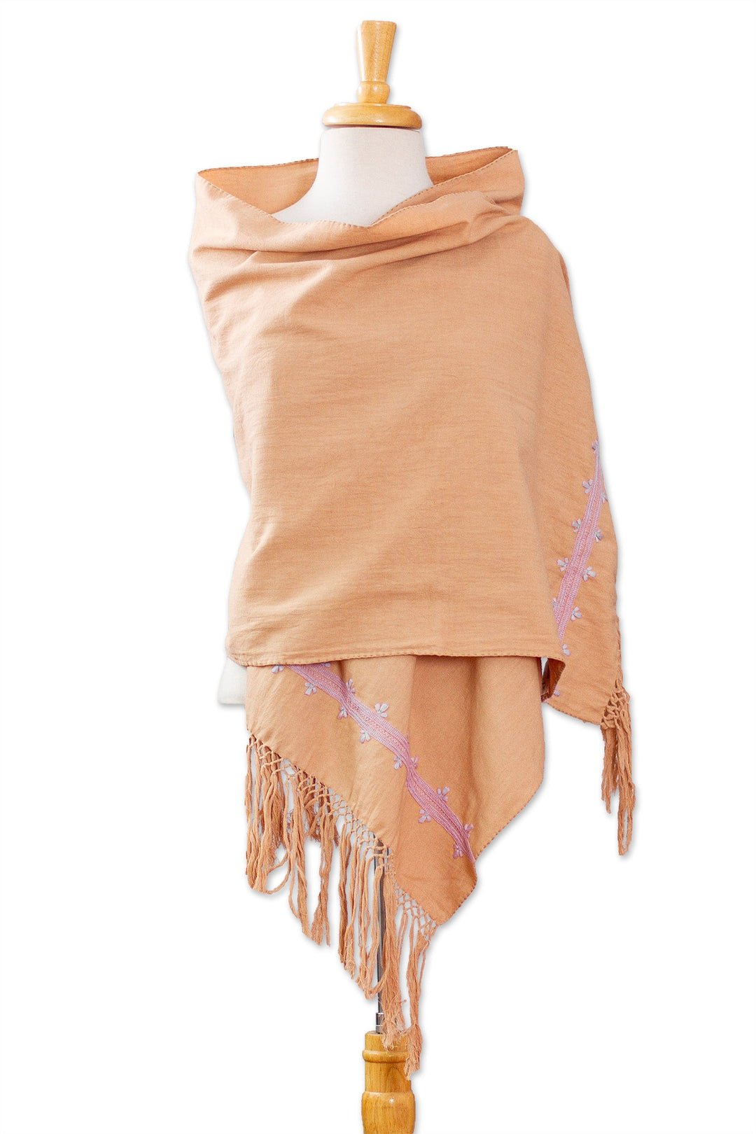 Pink Embroidered Cotton Shawl in a Solid Caramel Hue - Empress's Pink Spirit