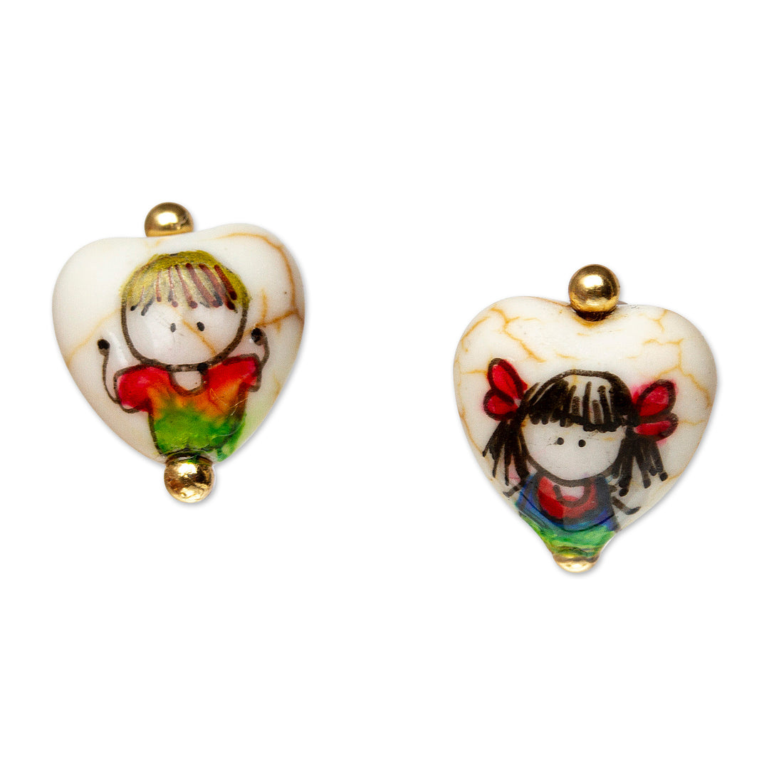 Hand-Painted Heart-Shaped Howlite Stud Earrings from Mexico - Little Mates