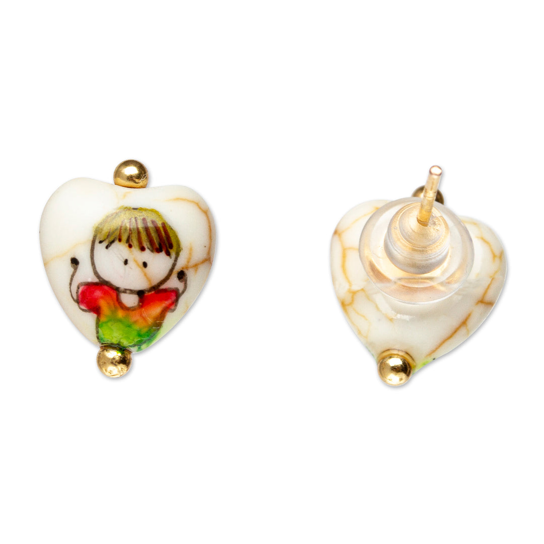 Hand-Painted Heart-Shaped Howlite Stud Earrings from Mexico - Little Mates