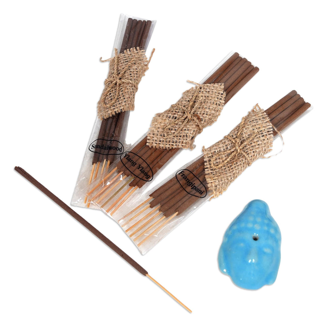 Buddha-Themed Blue Ceramic Incense Set with 18 Sticks - Blue Vesak Celebration