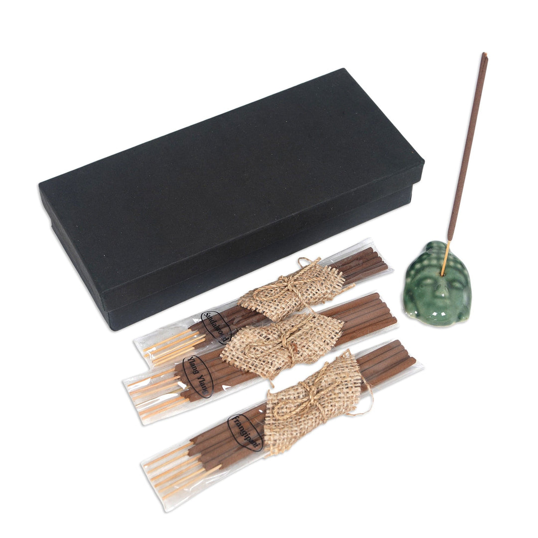 Buddha-Themed Green Ceramic Incense Set with 18 Sticks - Green Vesak Celebration
