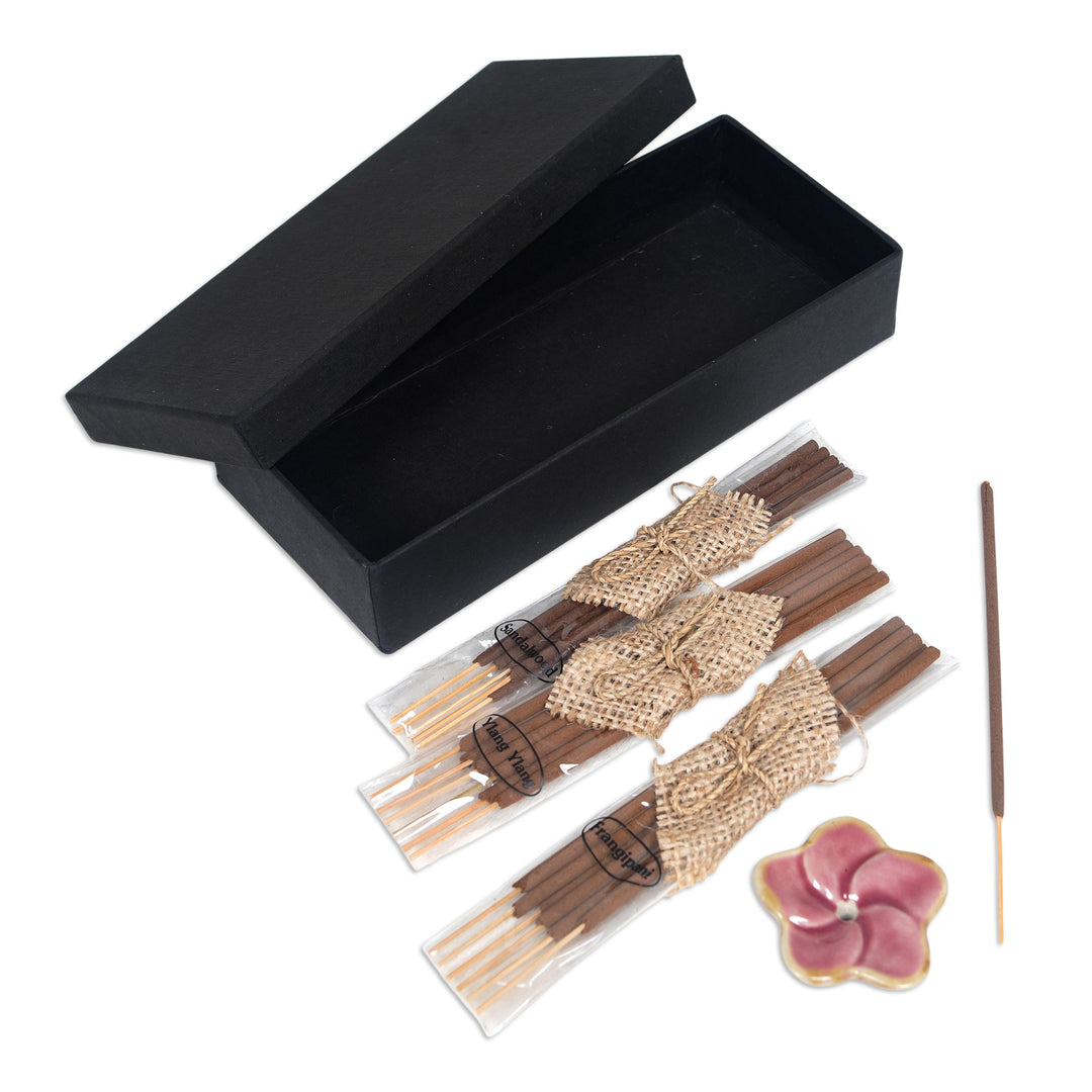 Incense Set with 18 Sticks and a Pink Floral Ceramic Holder - Frangipani Sweetness
