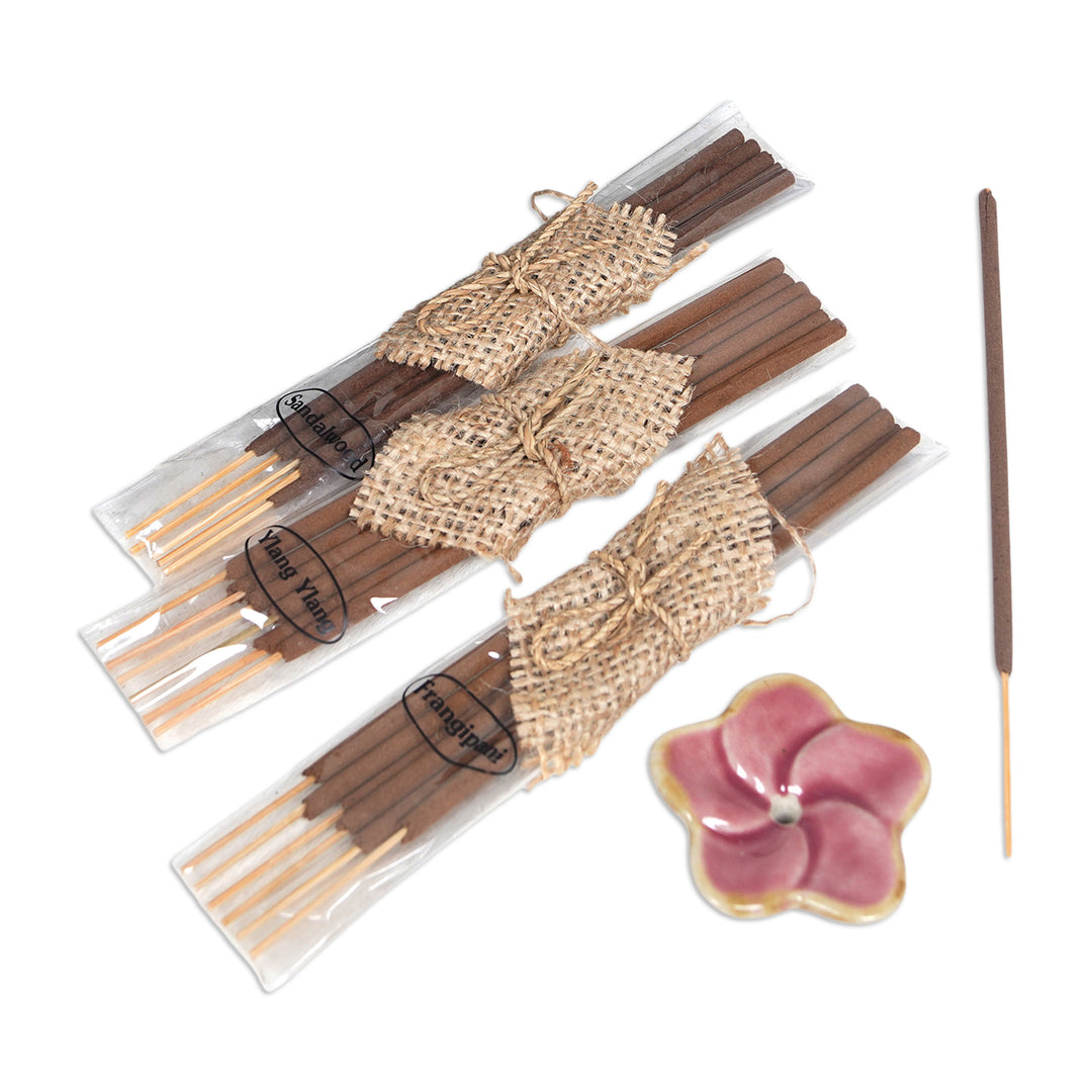 Incense Set with 18 Sticks and a Pink Floral Ceramic Holder - Frangipani Sweetness
