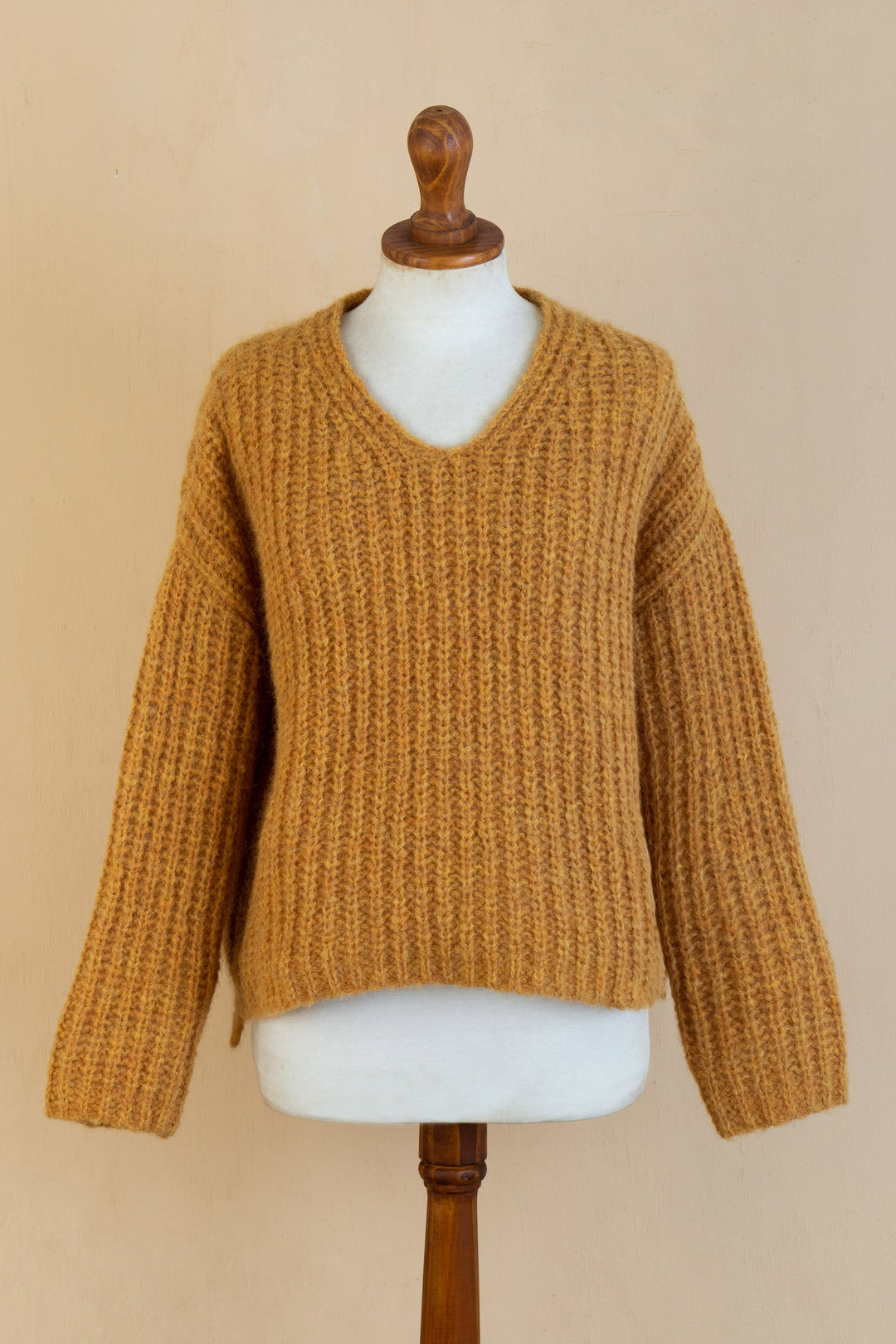 Knitted Soft Alpaca Blend Sweater in a Solid Honey Hue - Honey Illusions