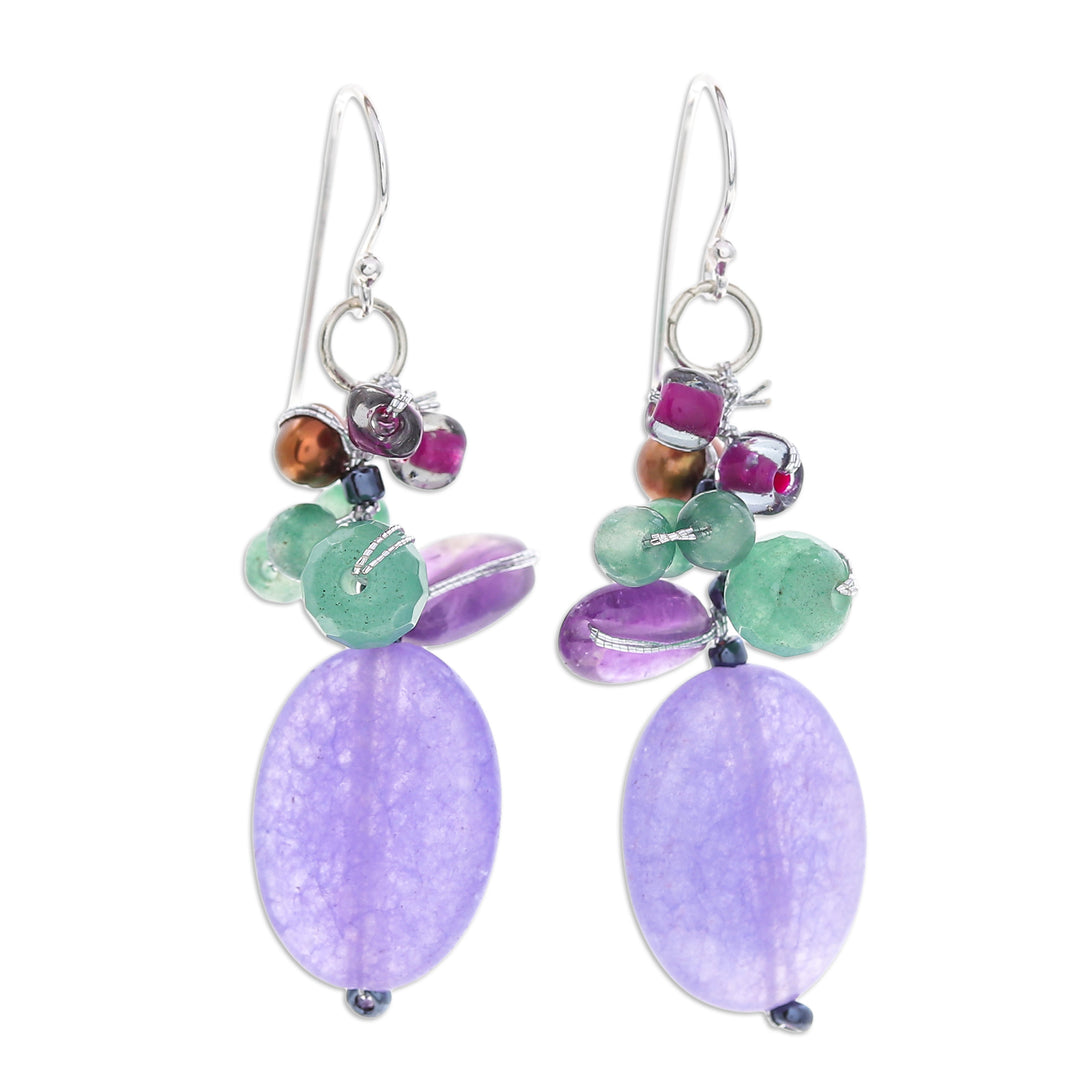 Cluster Dangle Earrings with Amethyst and Cultured Pearls - Purple Spring