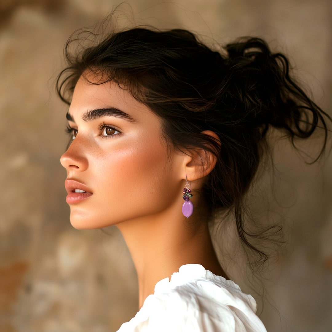 Cluster Dangle Earrings with Amethyst and Cultured Pearls - Purple Spring