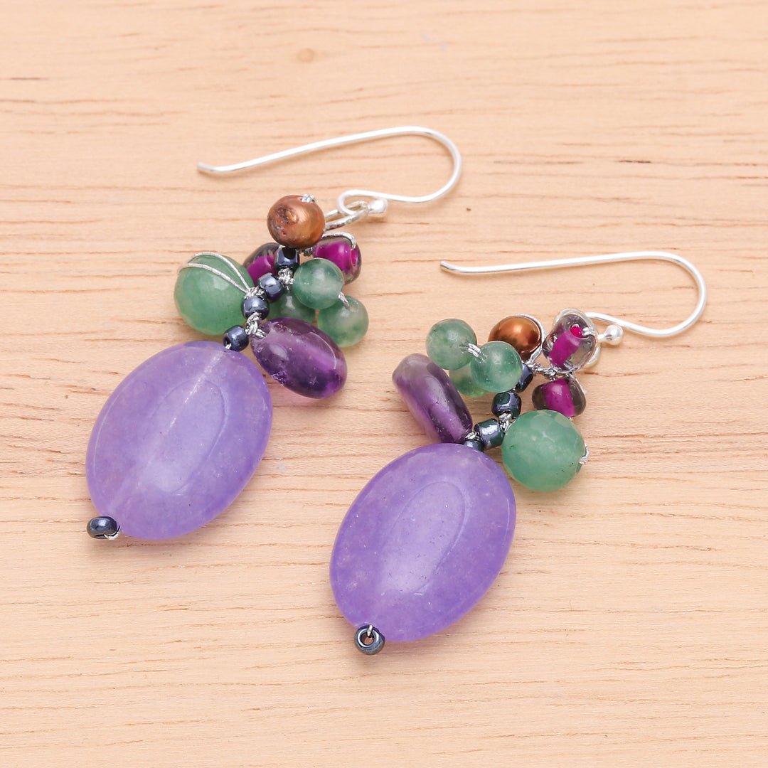 Cluster Dangle Earrings with Amethyst and Cultured Pearls - Purple Spring