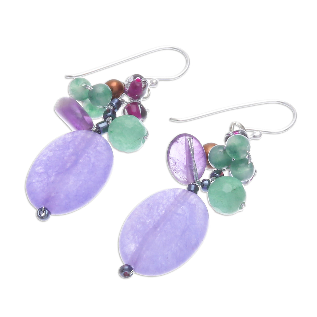 Cluster Dangle Earrings with Amethyst and Cultured Pearls - Purple Spring