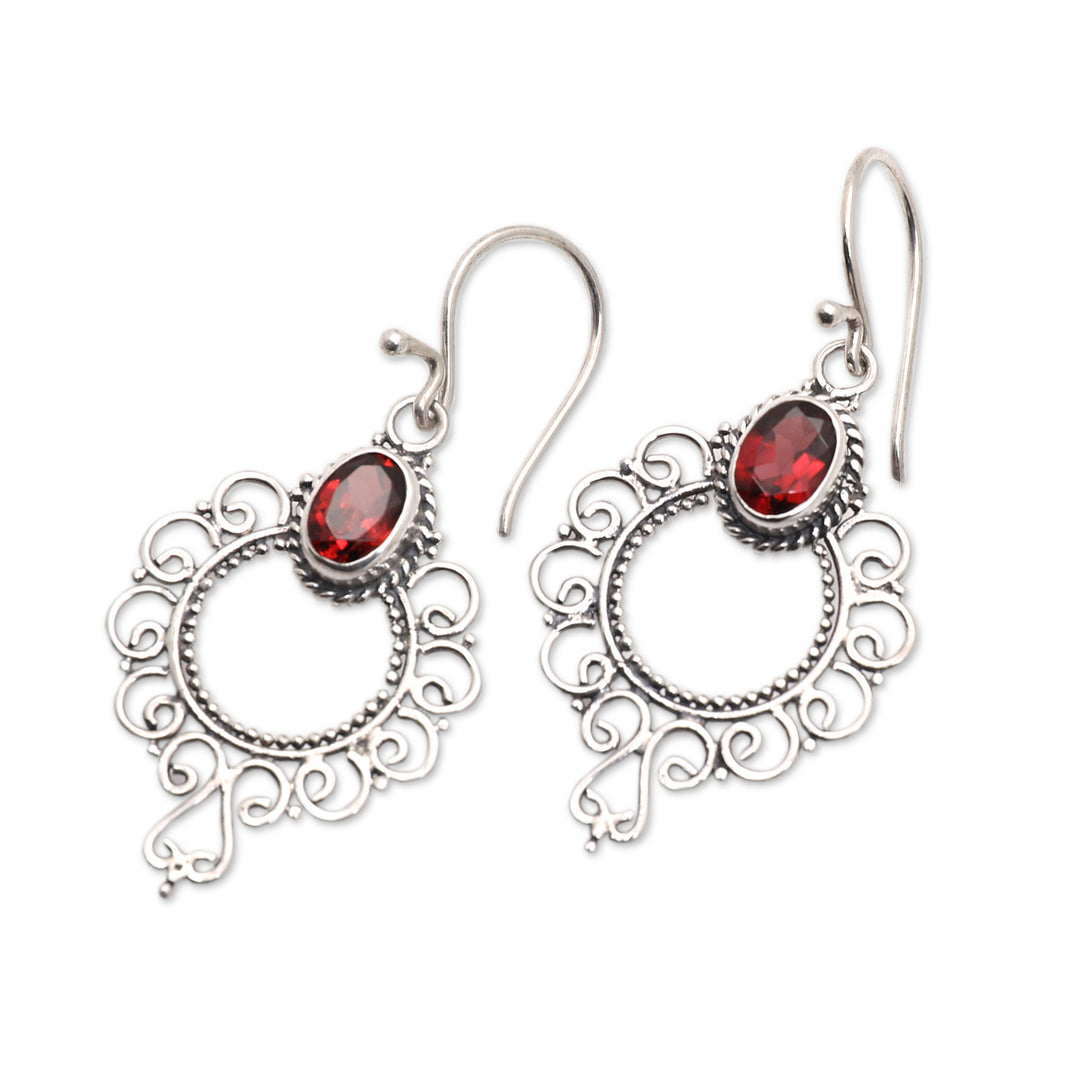 Swirling Sterling Silver Dangle Earrings with Garnet Gems - Passionate Morning Flowers