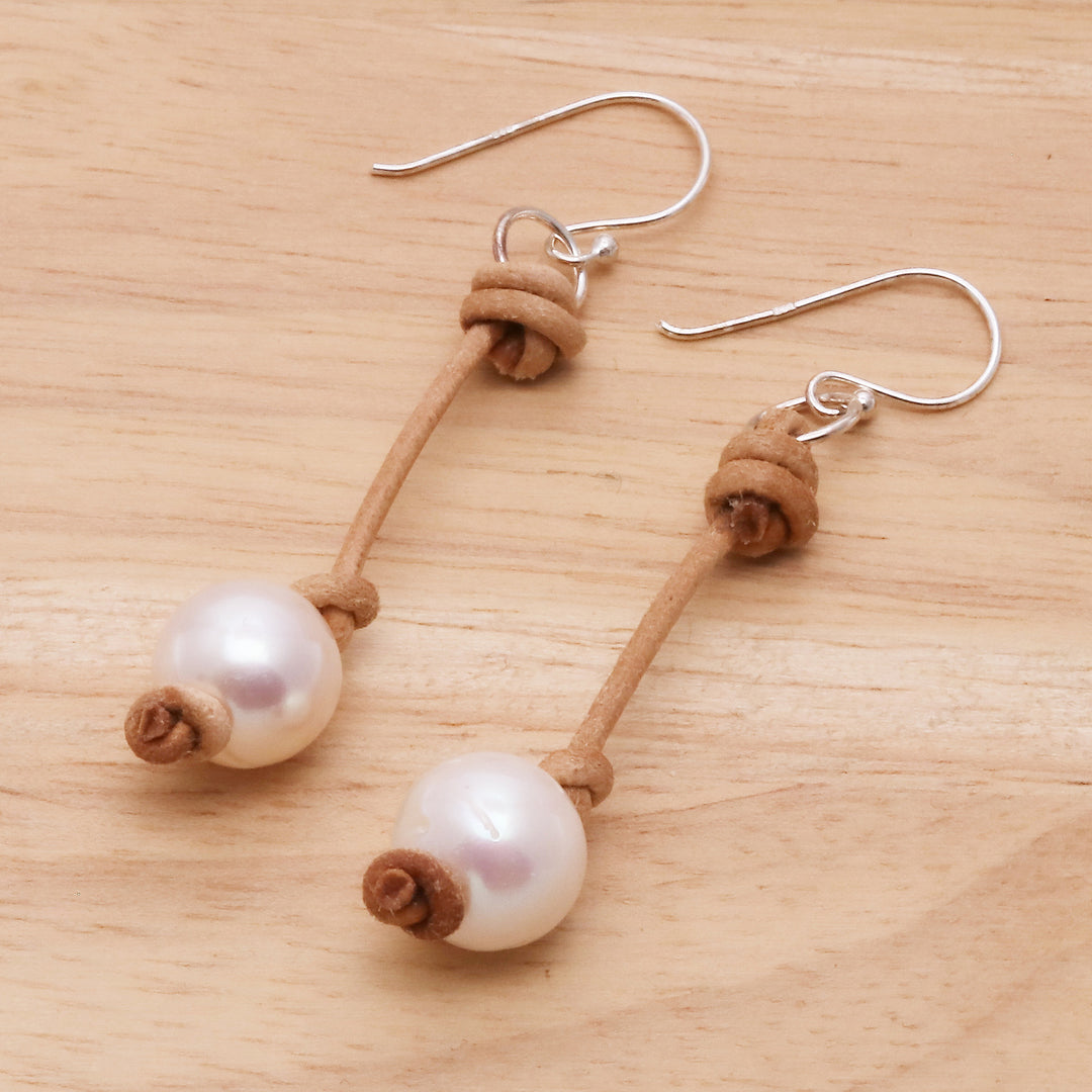 Cultured Pearl Dangle Earrings with Brown Leather Accents - Innocent Soul