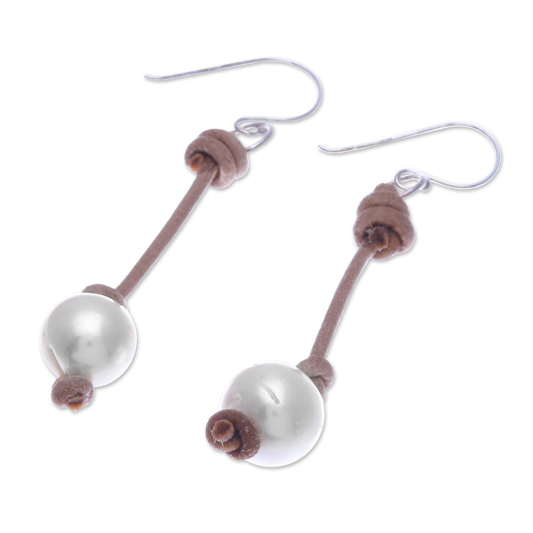 Cultured Pearl Dangle Earrings with Brown Leather Accents - Innocent Soul