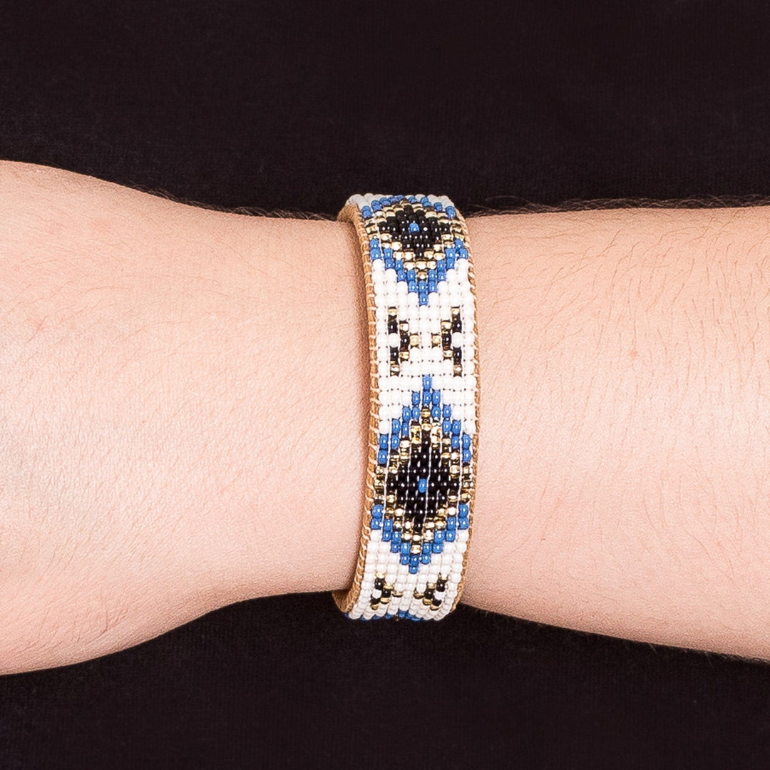 Ivory and Blue Glass Beaded Cuff Bracelet with Leather - Deity Diamonds