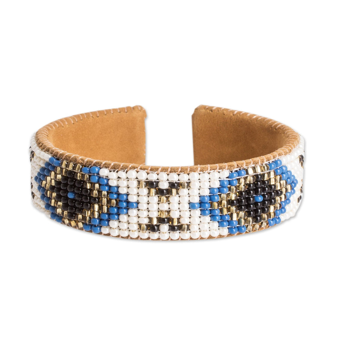 Ivory and Blue Glass Beaded Cuff Bracelet with Leather - Deity Diamonds