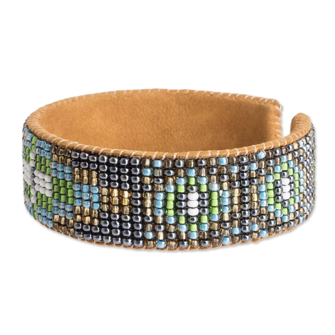 Floral Glass Beaded Cuff Bracelet with Leather Structure - Colorful Blooming