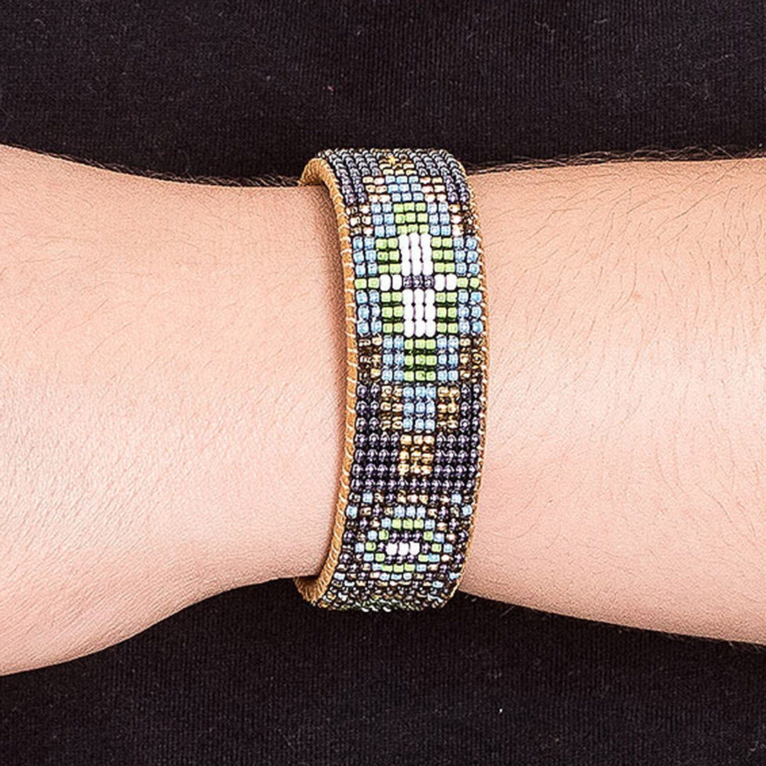 Floral Glass Beaded Cuff Bracelet with Leather Structure - Colorful Blooming