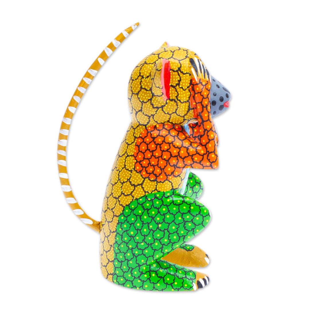 Wood Monkey Alebrije Figurine Painted in Green and Yellow - Astonished Monkey