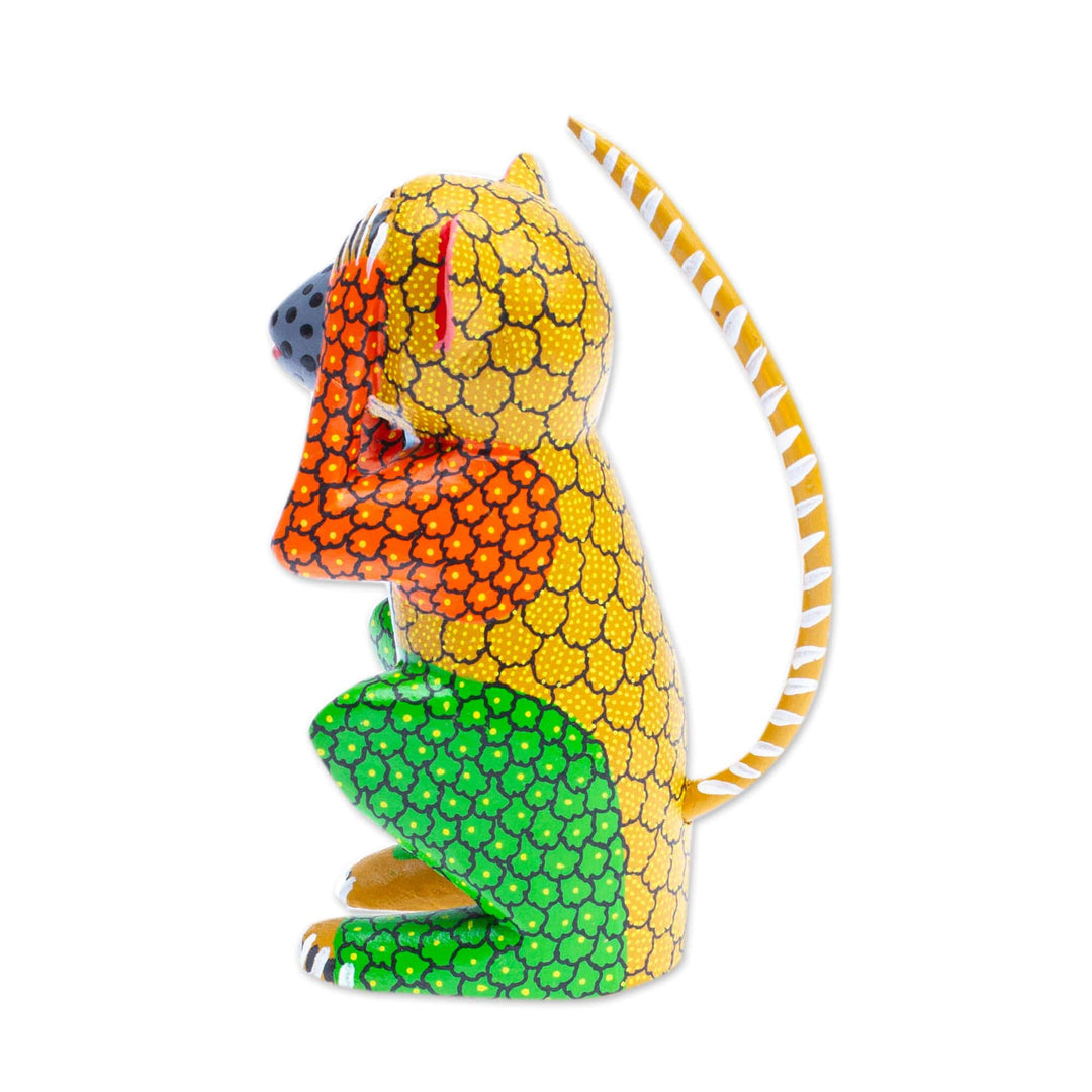 Wood Monkey Alebrije Figurine Painted in Green and Yellow - Astonished Monkey