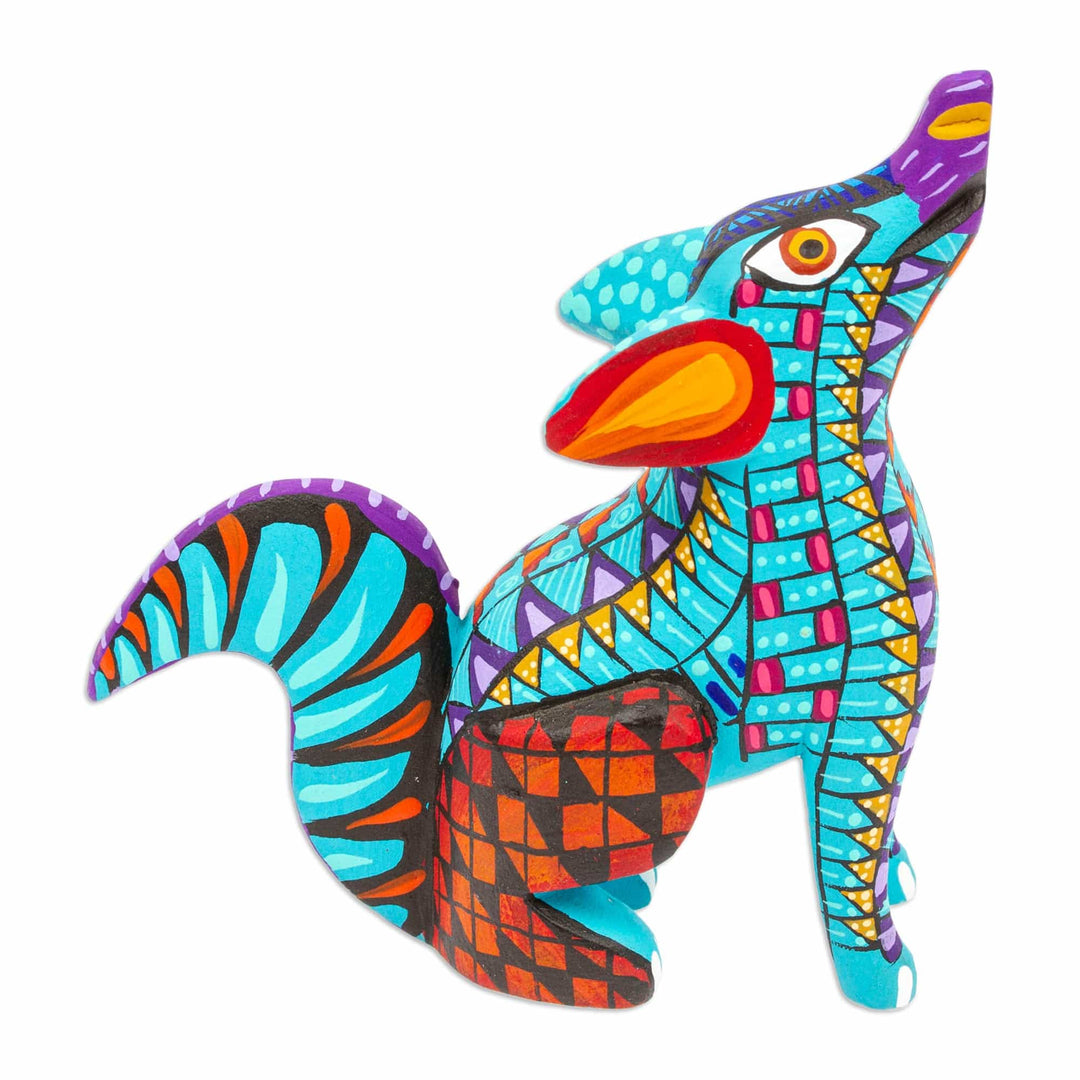 Copal Wood Alebrije Coyote Figurine Hand-Painted in Cyan - Island Coyote