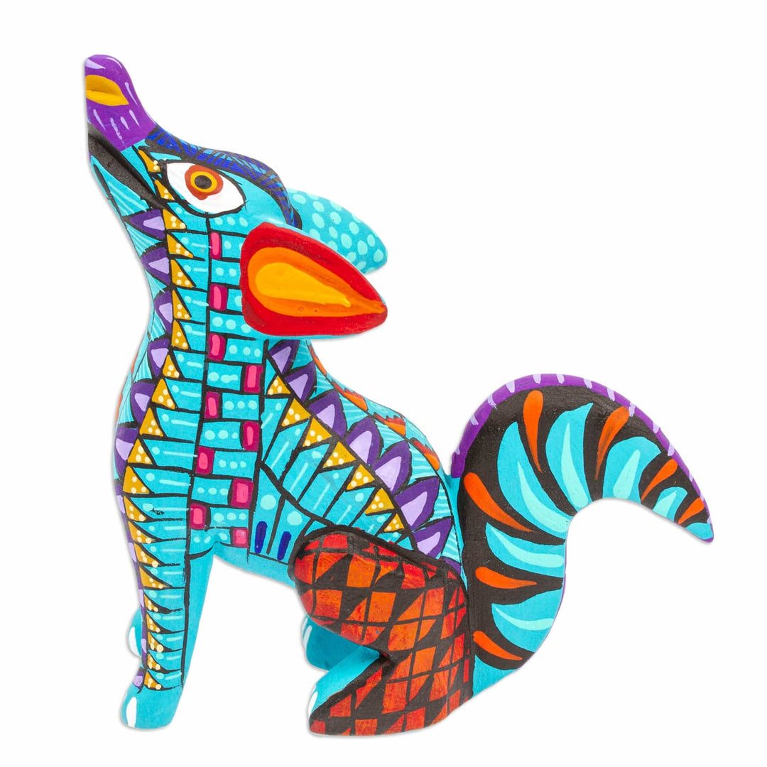 Copal Wood Alebrije Coyote Figurine Hand-Painted in Cyan - Island Coyote