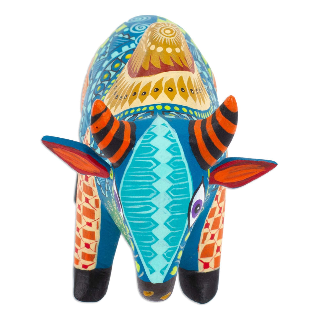 Colorful Hand-Painted Mexican Wood Alebrije Bull Figurine - Invincible Bull
