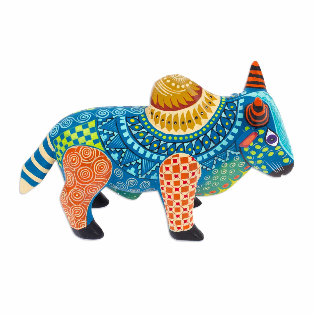 Colorful Hand-Painted Mexican Wood Alebrije Bull Figurine - Invincible Bull
