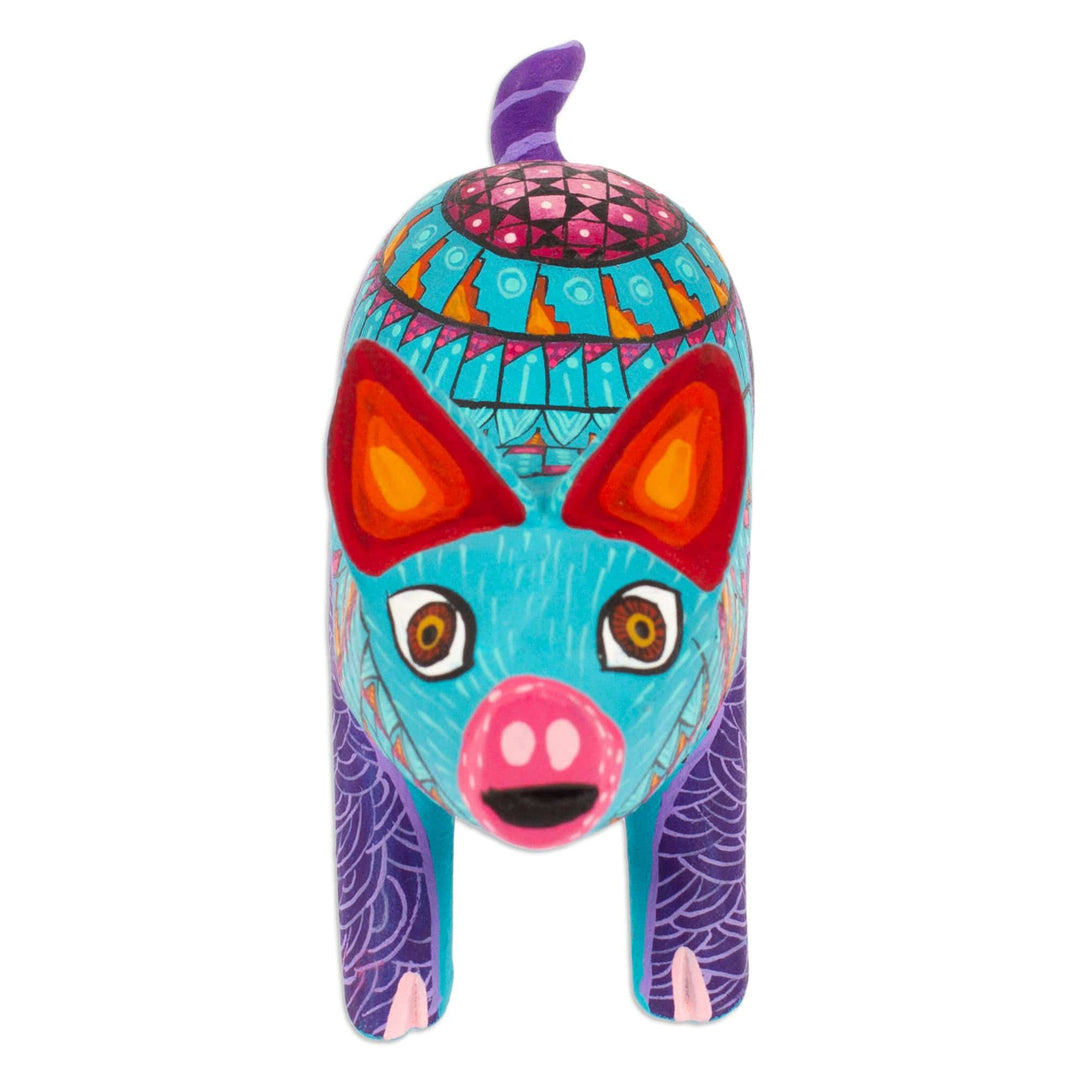 Colorful Wood Alebrije Pig Figurine Hand-Painted in Mexico - Playful Pig