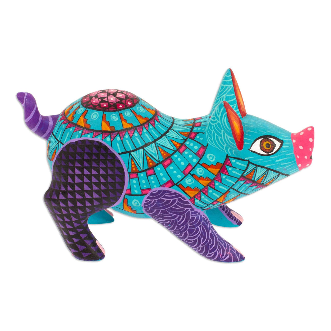 Colorful Wood Alebrije Pig Figurine Hand-Painted in Mexico - Playful Pig