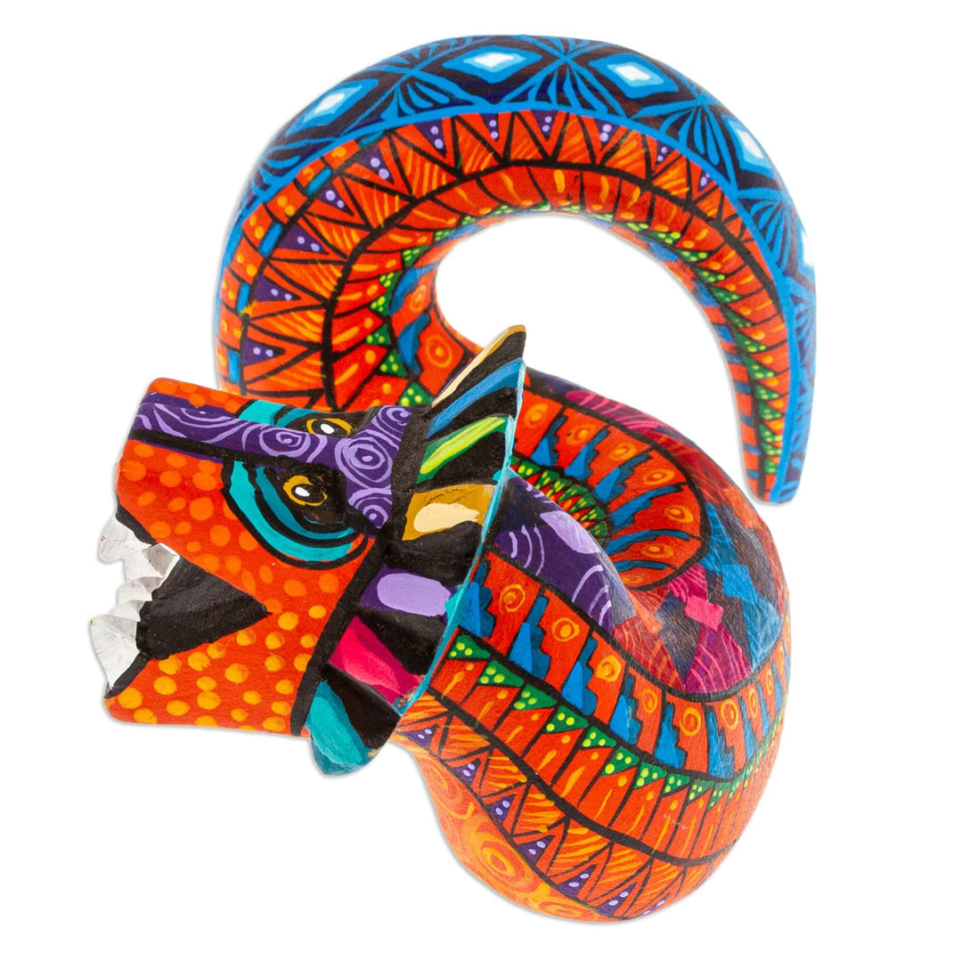 Painted Orange and Blue Quetzalcoatl Copal Wood Figurine - Orange Quetzalcoatl Spirit