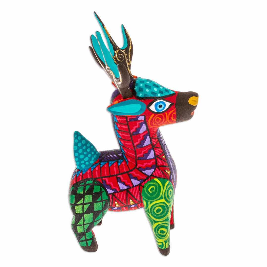 Copal Wood Alebrije Deer Figurine Painted in Crimson Hues - Charming Crimson Deer